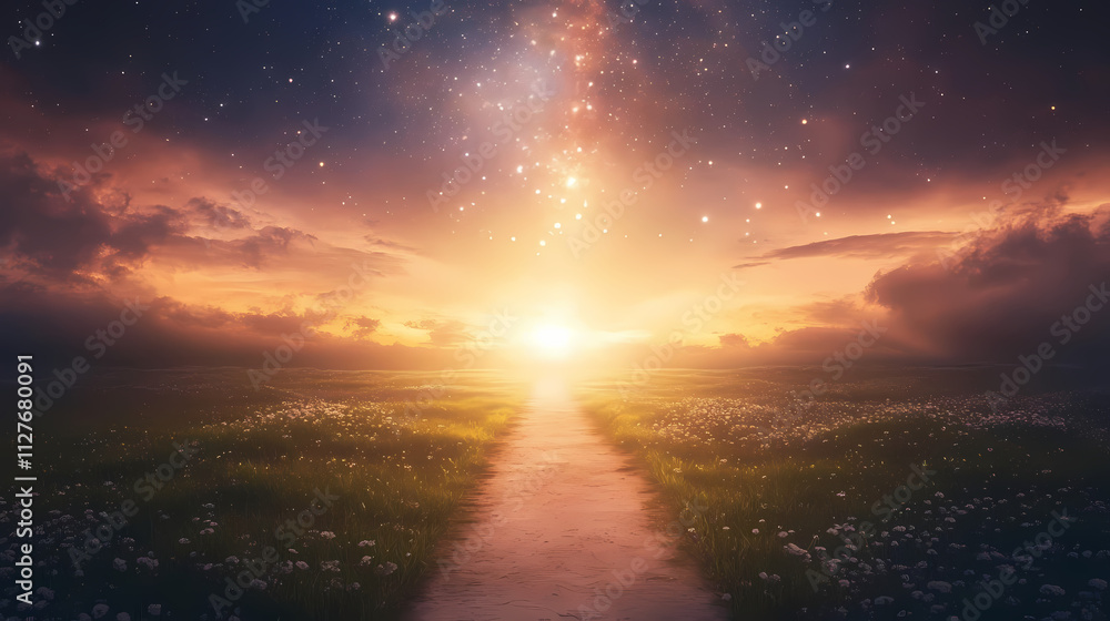 Luminous trail to a celestial gate opening into the milky way cosmic and enchanting atmosphere. Eon. Illustration Luminous trail to a celestial gate opening into the milky way cosmic and enchanting atmosphere. Eon. Illustration