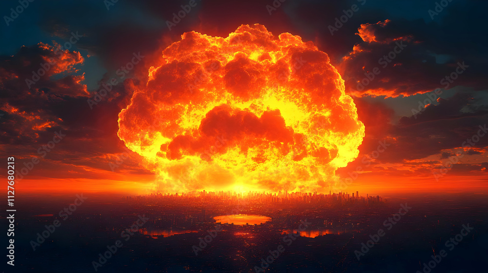 Fototapeta premium Nuclear Blast Devastation: City Destroyed by Fire, Inferno Apocalypse