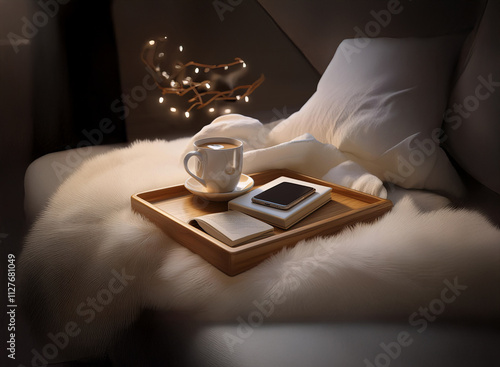 Wallpaper Mural Cozy evening scene: a bamboo tray holds a warm drink, books, and a phone, nestled on a soft, fluffy surface, illuminated by fairy lights. Torontodigital.ca