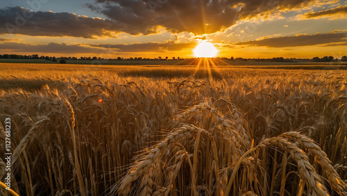 Fiery Sunset Over Golden Wheat Field with Long Shadows photo