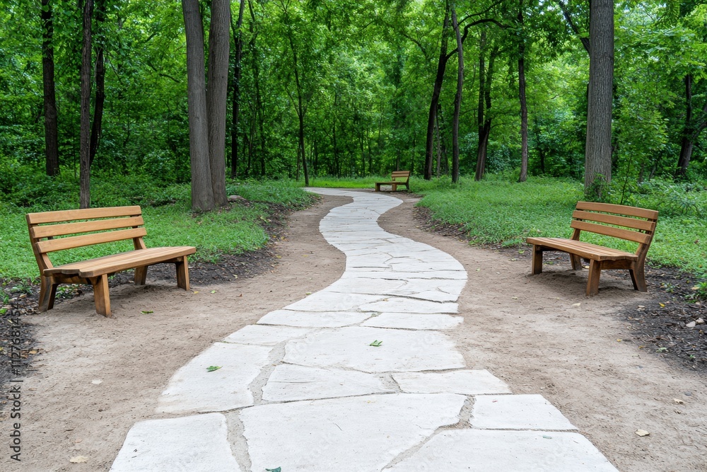 Serene Forest Path with Wooden Benches Serene Forest Path with Wooden Benches