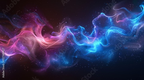 Abstract glowing neon pink and blue waves with particles on dark background.