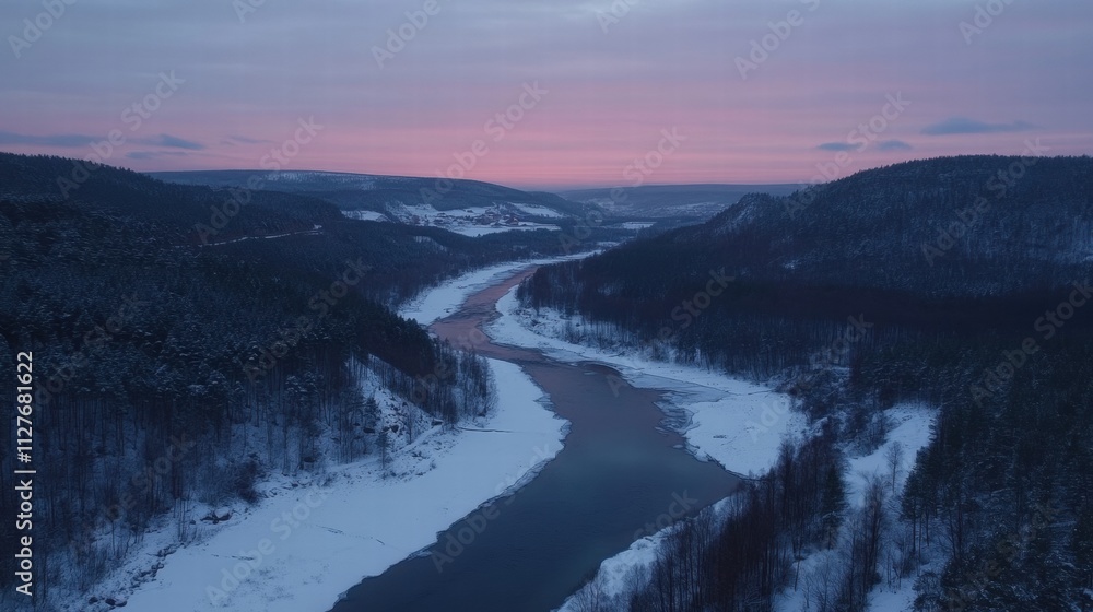 Fototapeta premium Serene Winter Sunset Over Frozen River Valley