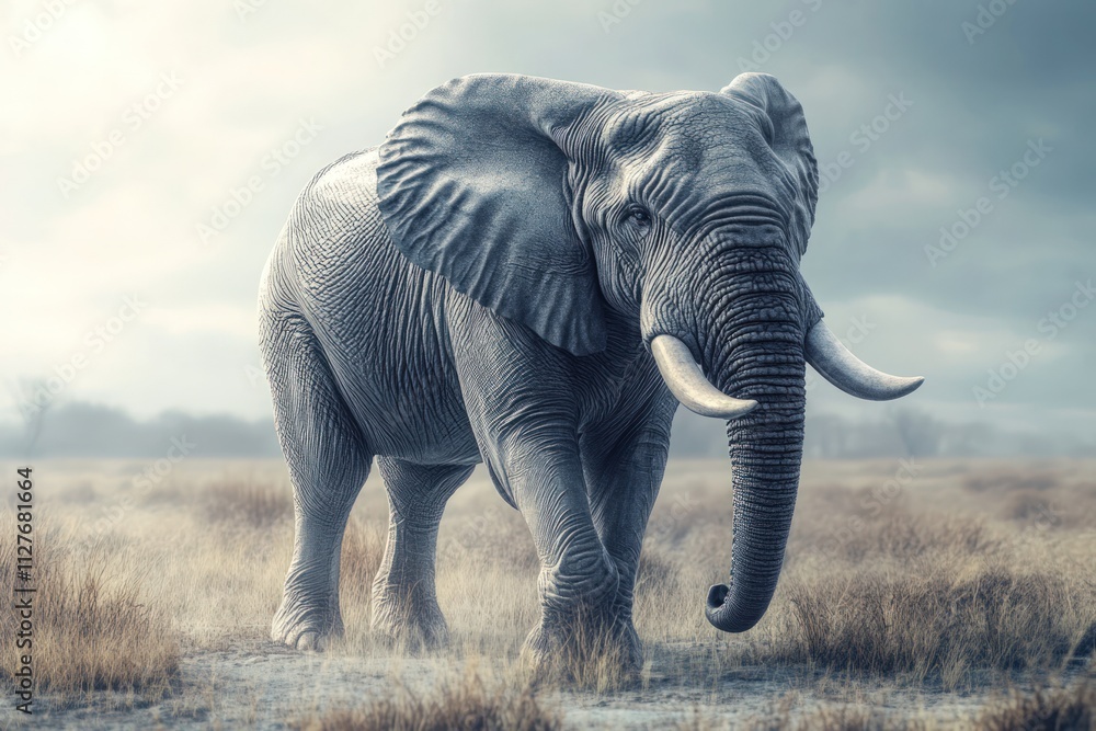 Fototapeta premium Large elephant walks across grassy savanna.