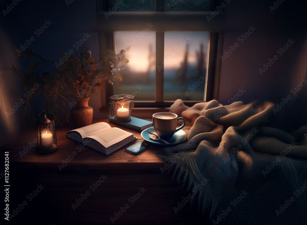 Warm candlelight illuminates a cozy window scene at dusk. A book, mug, and blanket create a peaceful, inviting atmosphere. Warm candlelight illuminates a cozy window scene at dusk. A book, mug, and blanket create a peaceful, inviting atmosphere.