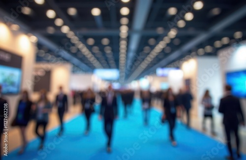 Large exhibition hall blue carpeted floor many people walking business event high ceiling abstract blur people. Crowded hall with many business people. Busy expo show with blurred business people