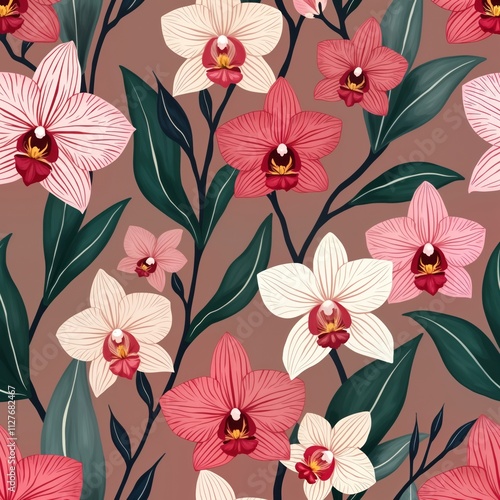 Delicate batik orchids create seamless pattern. Colorful floral design. Orchids with pink red, white blossoms repeat on neutral background. Elegant floral pattern for fabric wallpaper textile design.