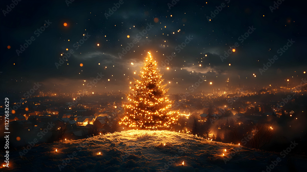 Magical Winter Night: Glowing Tree Lights Cityscape, Festive Holiday Spirit Magical Winter Night: Glowing Tree Lights Cityscape, Festive Holiday Spirit