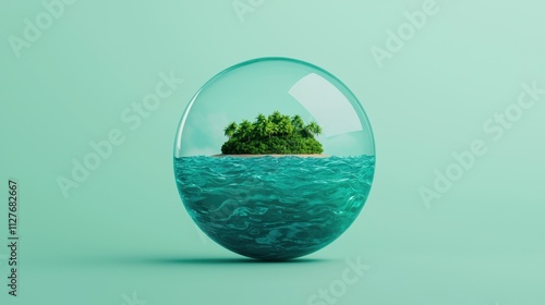 Isolated Island within Glass Sphere Representing Nature and Serenity