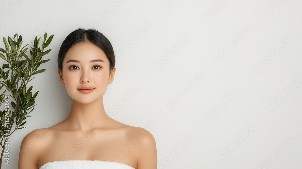 Elegant Woman Posing with Olive Branch Against White Background Elegant Woman Posing with Olive Branch Against White Background