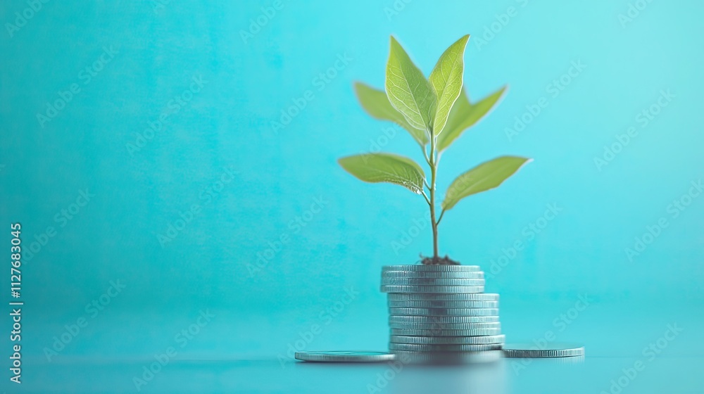Sustainable finance and investment concept with a plant sprouting from savings coins - Sustainable finance and investment concept with a plant sprouting from savings coins -