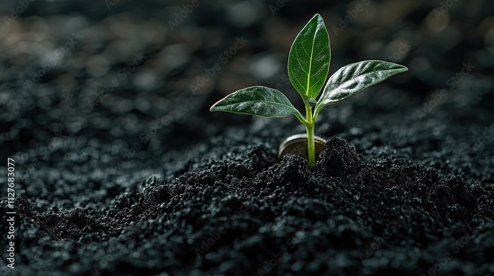 Naklejka premium Sustainable finance and investment concept with a plant sprouting from savings coins -