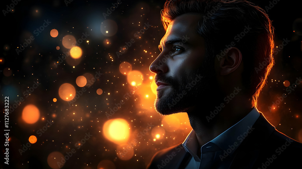 Man Contemplates Life's Mysteries, Illuminated by Sparkling Lights Man Contemplates Life's Mysteries, Illuminated by Sparkling Lights