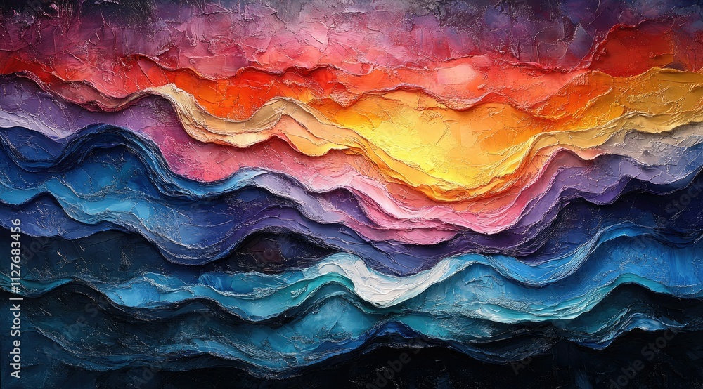 Vibrant sunset over textured, layered waves. Vibrant sunset over textured, layered waves.