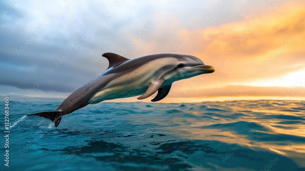 Fototapeta premium Gentle Dolphin Swimming Near Ocean Surface at Sunset