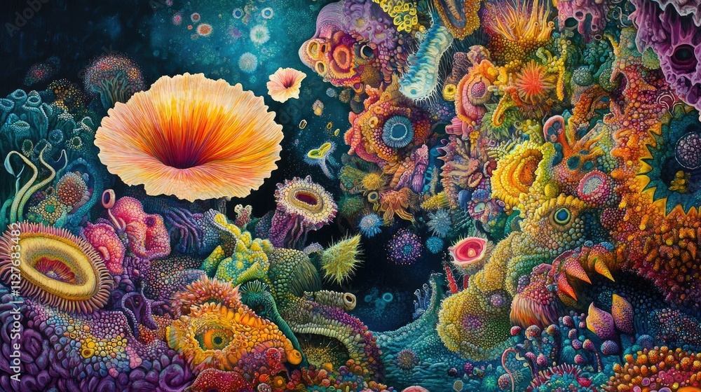 Naklejka premium Vibrant underwater scene with colorful coral reefs, flora, and fauna.