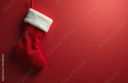 Red Christmas stocking hangs against a red background. Simple design with copy space. Ideal for holiday cards or promotional materials. Festive image suitable for Christmas merchandise. photo