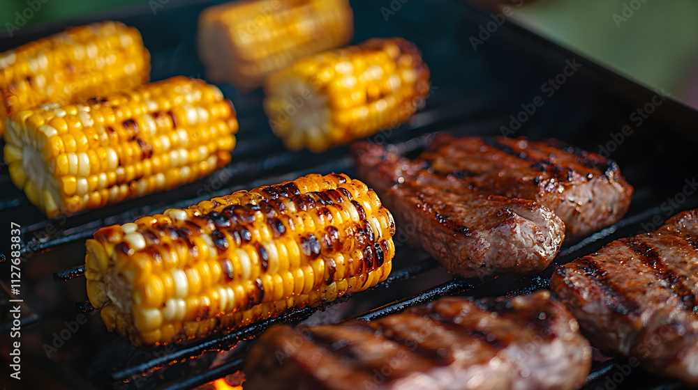 Summer barbecue menu with grilled meats and corn on the cob Summer barbecue menu with grilled meats and corn on the cob