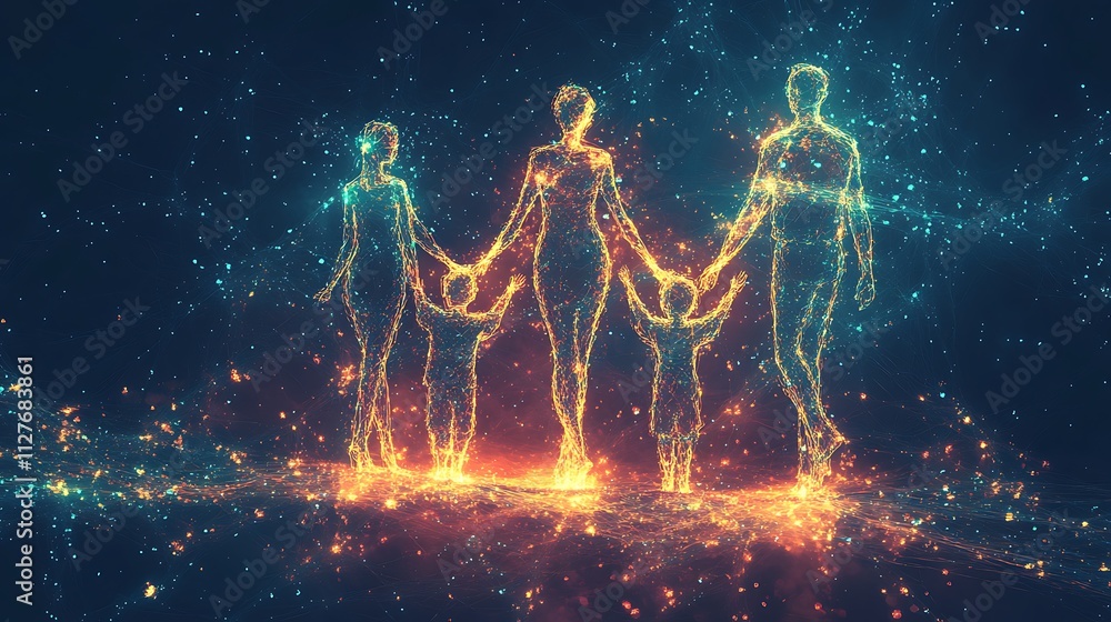 Glowing family of four holding hands, digital art. Glowing family of four holding hands, digital art.