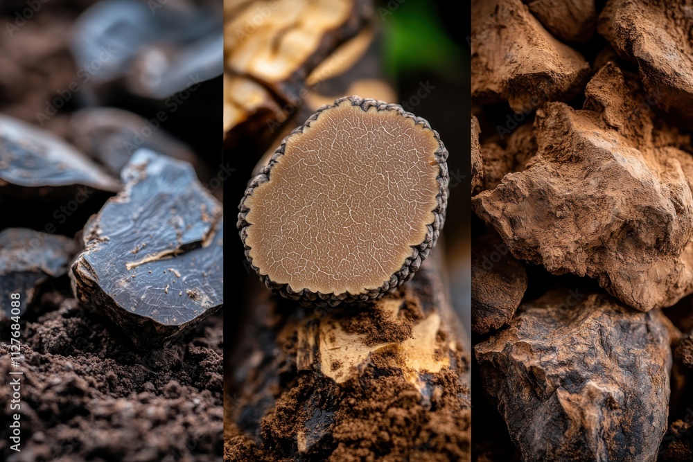 This image features a close-up slice of a truffle amidst earthy materials, showcasing its complex texture and emphasizing the beauty of nature's hidden treasures. This image features a close-up slice of a truffle amidst earthy materials, showcasing its complex texture and emphasizing the beauty of nature's hidden treasures.