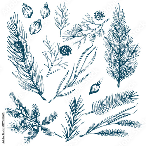 Christmas hand drawn traditional decor elements in trendy cottagecore style