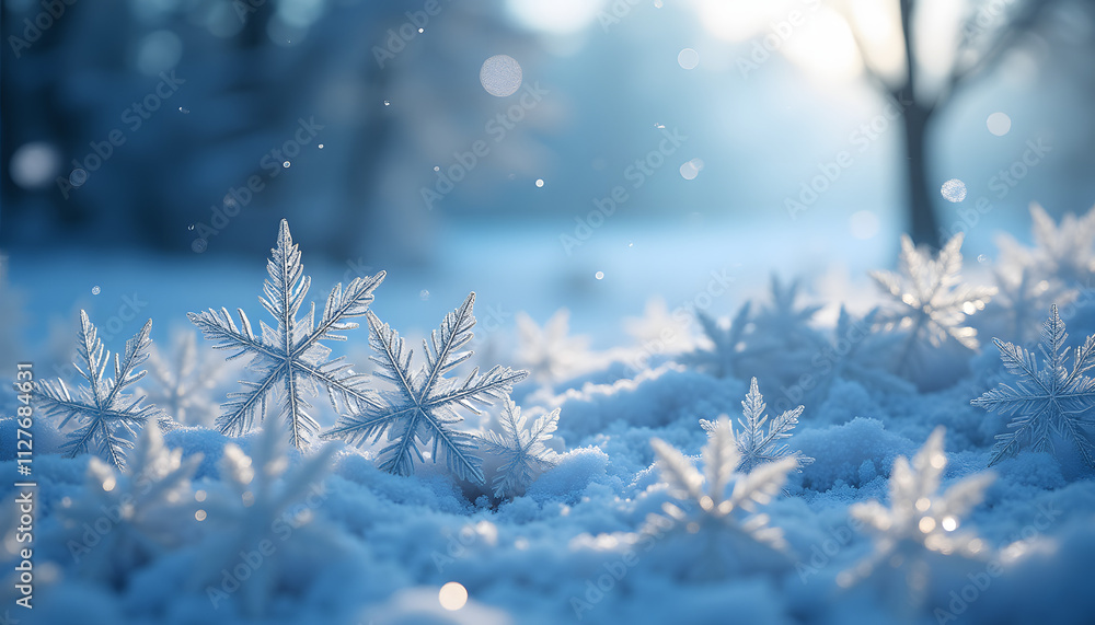 Close-Up of Snowflakes on Snowy Ground with Glowing Soft Light and Winter Landscape