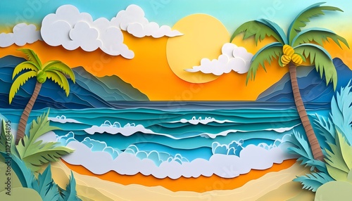 An illustration of a tropical beach landscape in a paper cut style