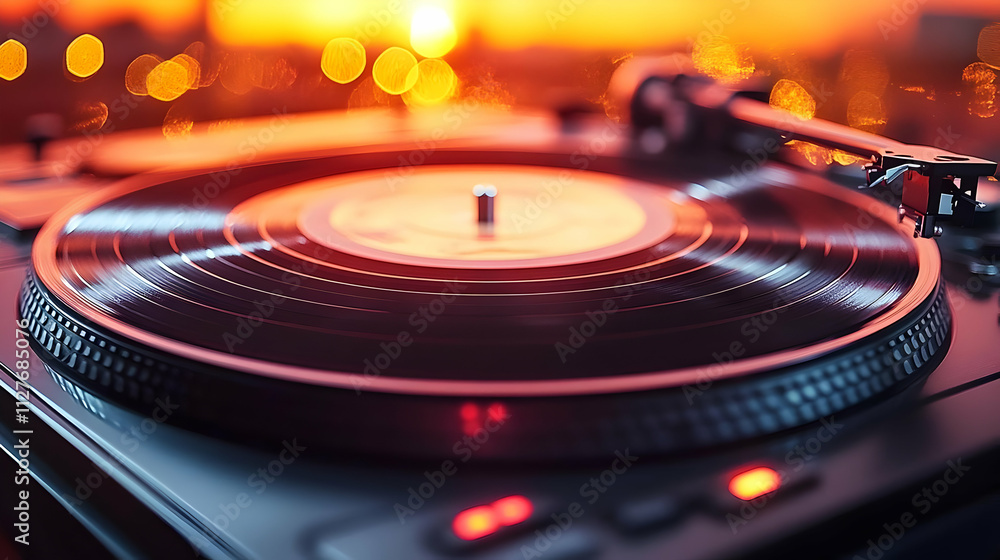 Vinyl Record Player Spins Melodies, Enjoying Music at Sunset Vinyl Record Player Spins Melodies, Enjoying Music at Sunset