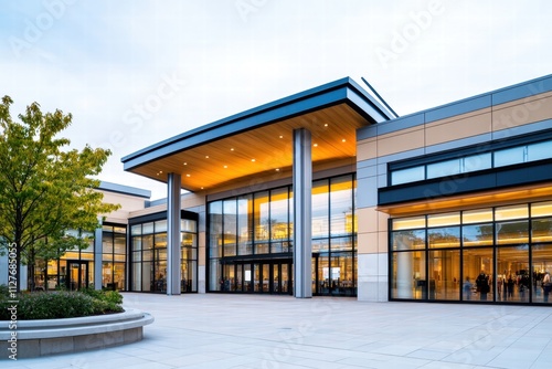 Modern Shopping Mall Exterior at Dusk