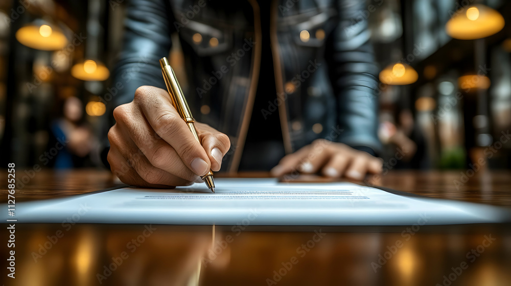Person Signs Contract Document with Gold Pen Person Signs Contract Document with Gold Pen