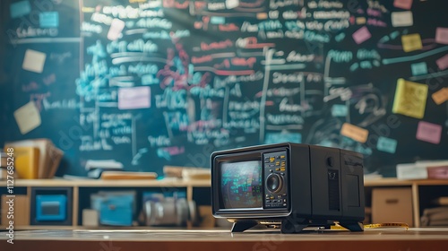 Retro TV on desk against a chalkboard with notes.