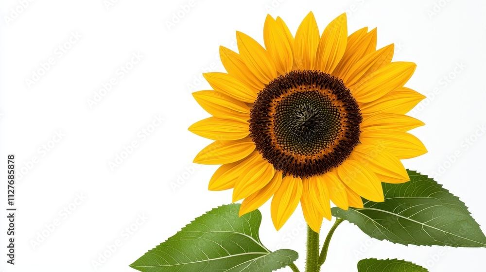 Vibrant Sunflower Flower with Green Leaves on White Background Vibrant Sunflower Flower with Green Leaves on White Background