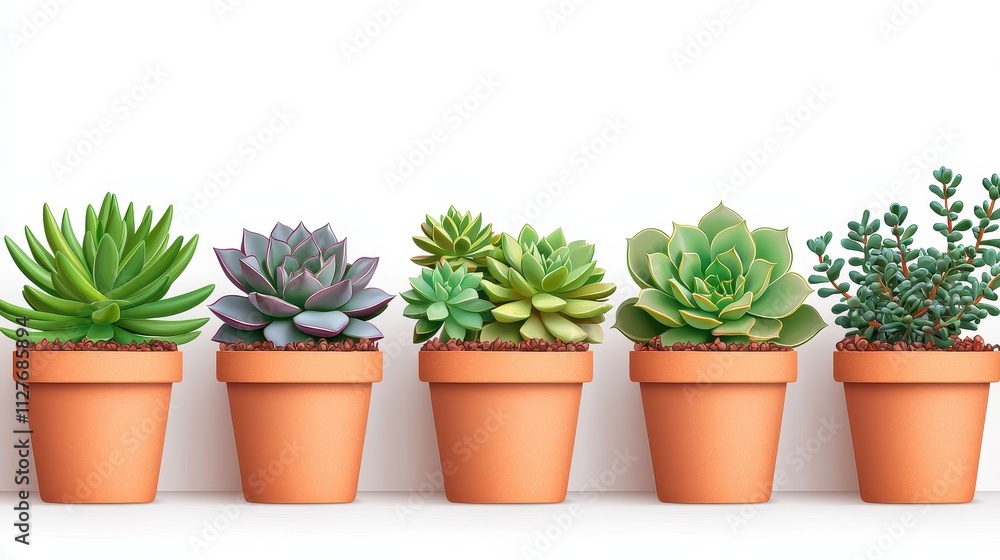 Colorful Succulents in Terracotta Pots on White Background
