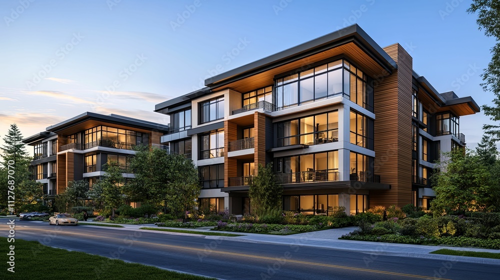 Modern Apartment Building Complex Evening Illumination Modern Apartment Building Complex Evening Illumination