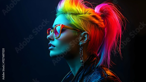 Vibrant Rainbow Hair, Bold Style, Colorful Glasses, Night Photography, Trendy Fashion, Edgy Look, Unique Hairstyle, Neon Lights, Punk Aesthetic, Youthful Expression