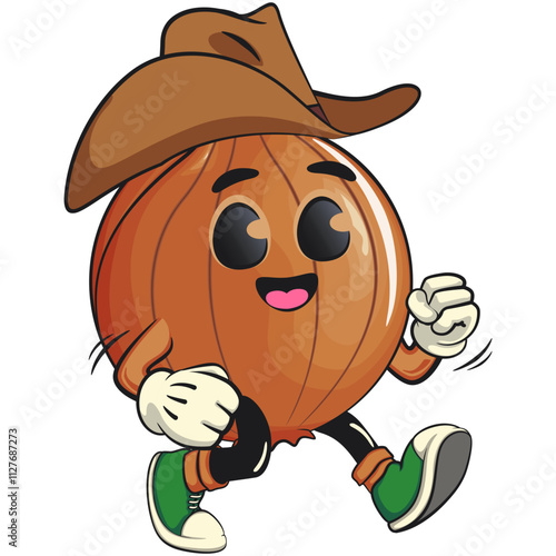 cute onion character wearing a cowboy hat walking calmly, cartoon vector illustration, work of hand drawn