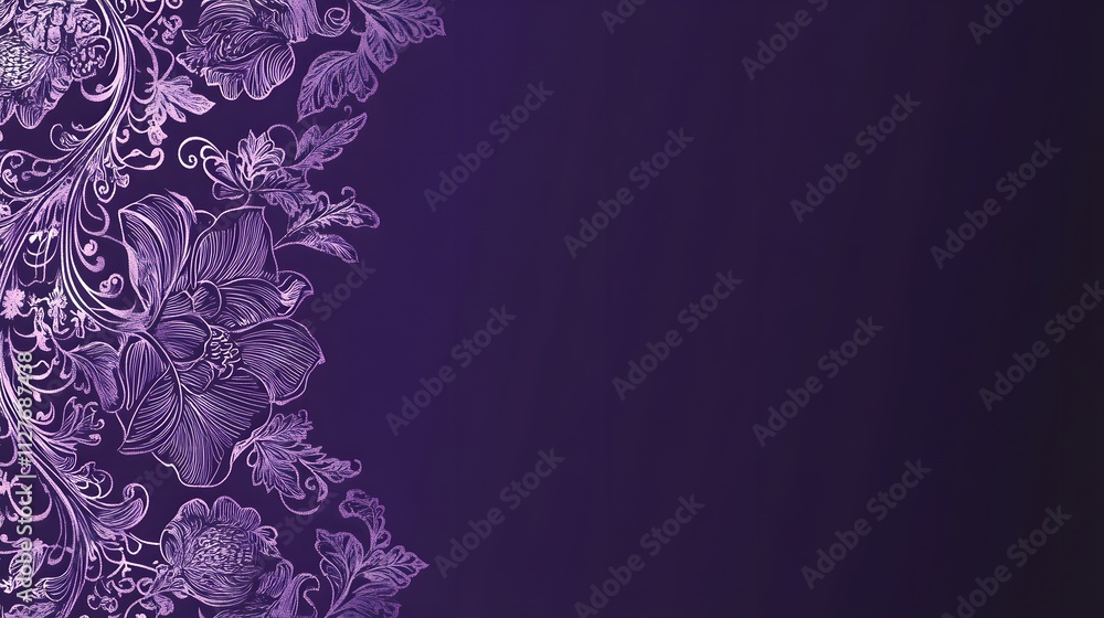 Violet purple background with lace-inspired floral patterns on the left side, creating an elegant and sophisticated design for a banner or poster template,
Violet purple background with lace-inspired floral patterns on the left side, creating an elegant and sophisticated design for a banner or poster template,