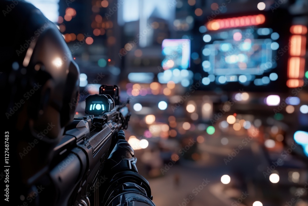 A futuristic armed figure scans a vibrant urban landscape, blending elements of action and technology in a visually striking scene filled with dynamic lights and shadows. A futuristic armed figure scans a vibrant urban landscape, blending elements of action and technology in a visually striking scene filled with dynamic lights and shadows.