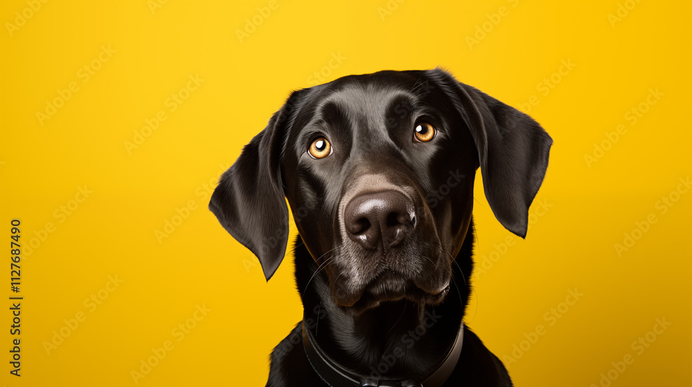 close-up portrait of a black Labrador Retriever against a vibrant yellow background. close-up portrait of a black Labrador Retriever against a vibrant yellow background.