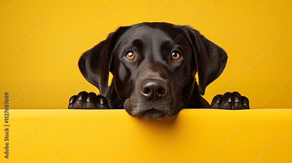 close-up portrait of a black Labrador Retriever against a vibrant yellow background.