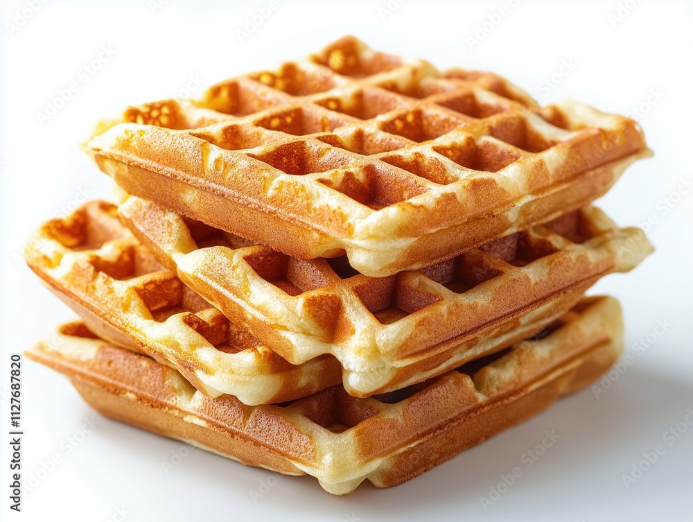 Crispy waffles stacked high on white background. Square shape. Studio light. Perfect for breakfast, dessert snack. Yummy homemade treat. Golden brown color. Delicious pastry. Perfect food photo. Food