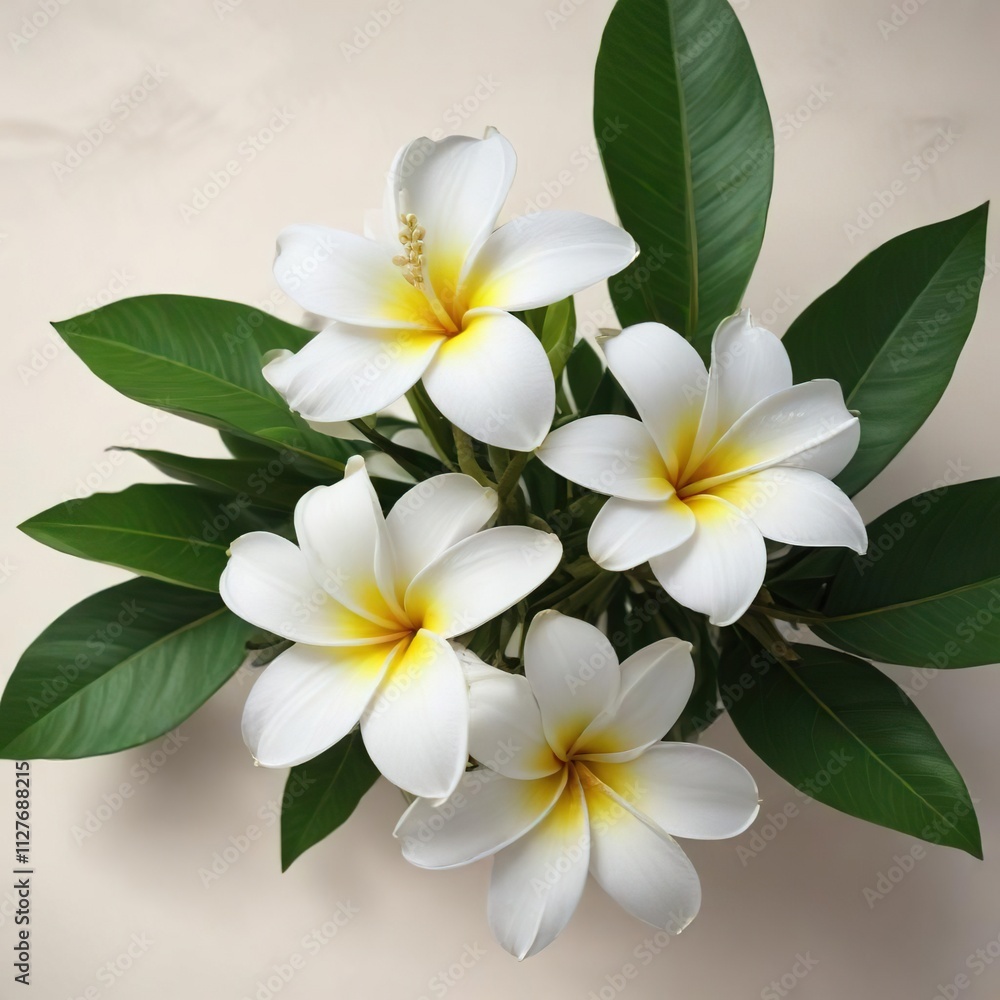 White frangipani blossom with green leaves in a composition, zen garden, fragrance, blooming flower, tranquility, botanical art White frangipani blossom with green leaves in a composition, zen garden, fragrance, blooming flower, tranquility, botanical art