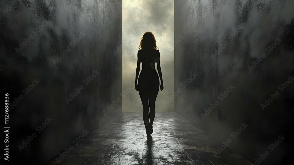 Woman Walks Towards Light in Dark Corridor, Mystery Unveiled, Symbolic Journey, Hopeful Future Woman Walks Towards Light in Dark Corridor, Mystery Unveiled, Symbolic Journey, Hopeful Future