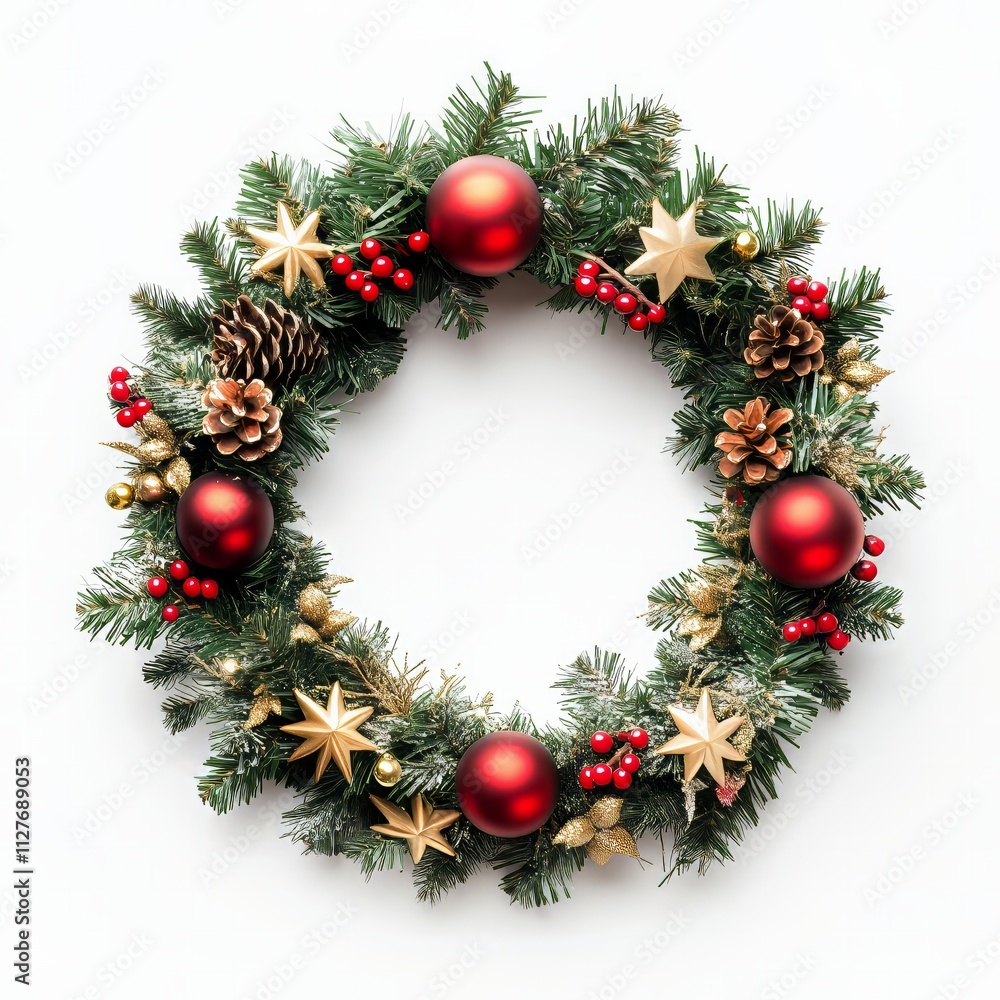 Bauble on Green Christmas Fir Tree frame on white background - Generative AI Bauble on Green Christmas Fir Tree frame on white background - Generative AI