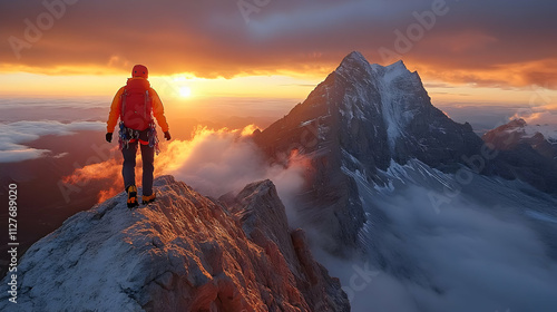 Climber Conquers Peak at Sunrise, Achieving Summit Success in Majestic Scenery