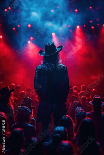 Country singer on stage facing audience wearing hat. Crowd full of people at live concert. Lots of people. Nighttime show. Bright spotlights, colorful lights. Energetic music performance in photo