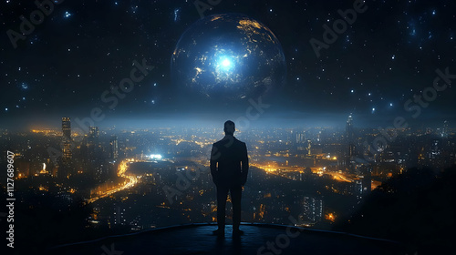 Night Cityscape: Man Contemplates Futuristic Earth & Stars