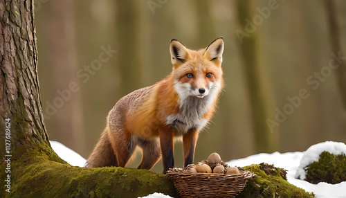 Red fox explores a snowy forest while curiously inspecting a basket of eggs nestled amidst the trees. Generative AI