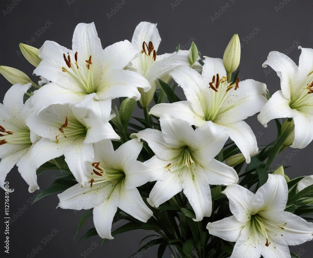 Fototapeta premium White lilies with black ribbon symbolize grief and loss on grey backdrop, honoring the departed, funeral wreath