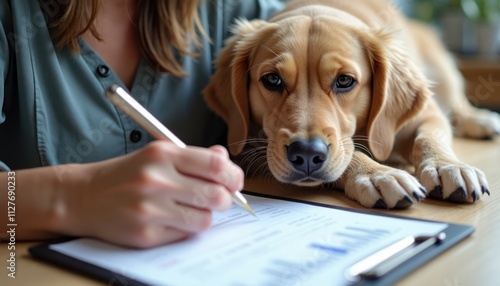 Woman fills out pet insurance form online. Dog lies by side. Pet owner completes paperwork for animal insurance. Person manages pet documents. Animal healthcare. Online form. Domestic pet. Insurance photo